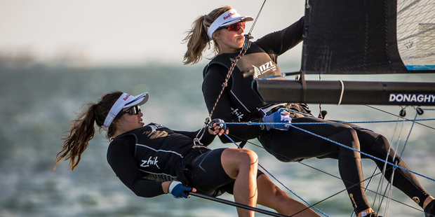 Molly Meech, right, and Alex Maloney lead the 49er FX World Championships in Clearwater, Florida.