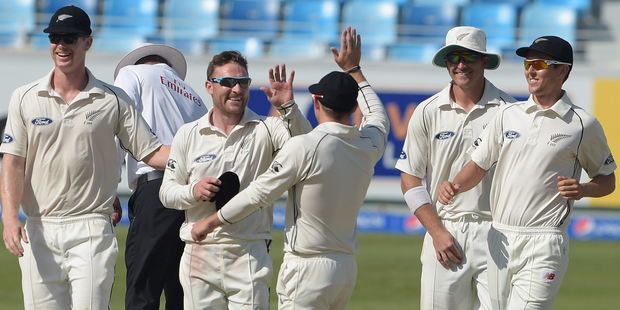 Brendon McCullum celebrates the only wicket of his test career, taken against Pakistan in Dubai in 2014. Photo / Getty Images
