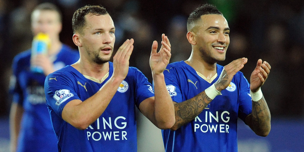 Leicester's Daniel Drinkwater, left, and Leicester's Danny Simpson salute fans after Leicester beat Stoke 3-0 during the English Premier League. Photo / AP.