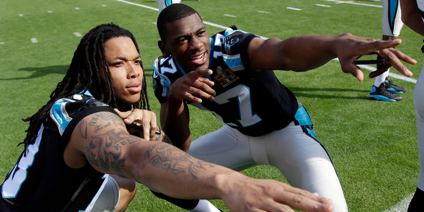 Carolina Panthers wide receiver Kelvin Benjamin, left, and wide receiver Devin Funchess (17) pose for a photo inside Levi's Stadium. Photo / AP.
