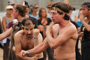 Dutch paddlers Alex Miesen, left, and Thomas Driessen perform their own haka on Tii Beach. PHOTO / PETER DE GRAAF