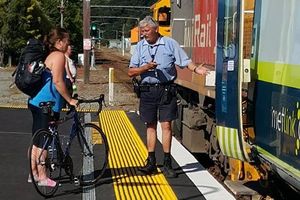 A commuter being turned away from a Masterton-bound train in Upper Hutt, because the storage carriage was full and unable to accommodate any more bikes. Photo / Lee Carter