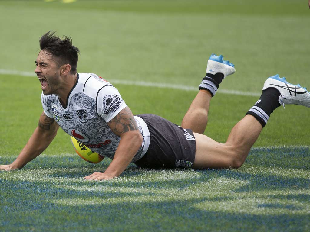 Shaun Johnson after scoring the winning try. Photo / Brett Phibbs.