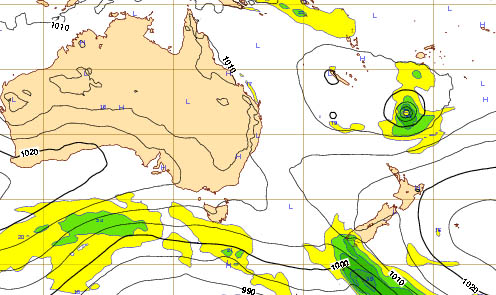 ECMWF map for Monday shows the low further to the north - and the high to the east pushing back against it - stopping it from reaching the North Island effectively. Image / WeatherWatch