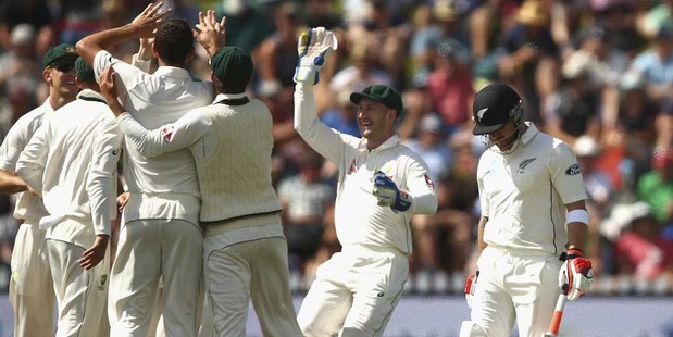 Brendon McCullum of New Zealand looks dejected after being dismissed by Josh Hazlewood of Australia during day one of the Test match between New Zealand and Australia. Photo / Getty Images.