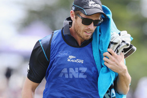 Tim Southee runs the 12th man duties during a ODI for the Black Caps. Photo / Getty