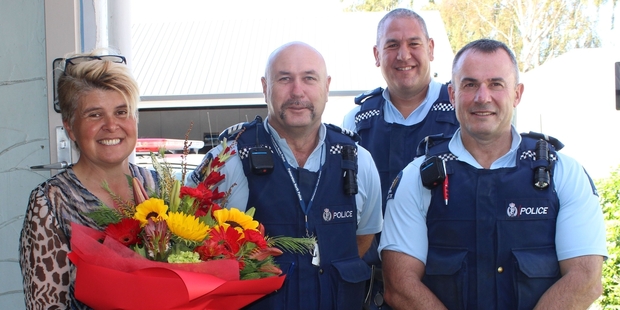 Senior Constable Lynda Kendrick (left) retired from the police last week after 14 years' service. Pictured with her are Sergeant Paul Adrian, Senior Sergeant Nathan Davis and Senior Constable Murray Anderson, who has transferred to the Hawke's Bay District after 21 years in Dannevirke. Photo / Christine McKay