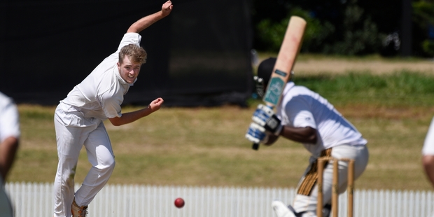Chris Atkinson bowling on debut for Bay of Plenty at Bay Oval at the weekend. Photo / George Novak