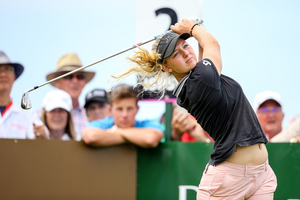 Emily Pedersen of Denmark tees off on the second hole at the New Zealand Women's Open. Photo / Getty