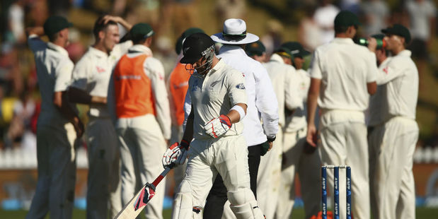 Brendon McCullum departs as Australia celebrate. Photo / Getty