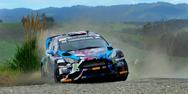 American Ken Block in action during the 2015 International Rally of Whangarei. Photo / Geoff Ridder