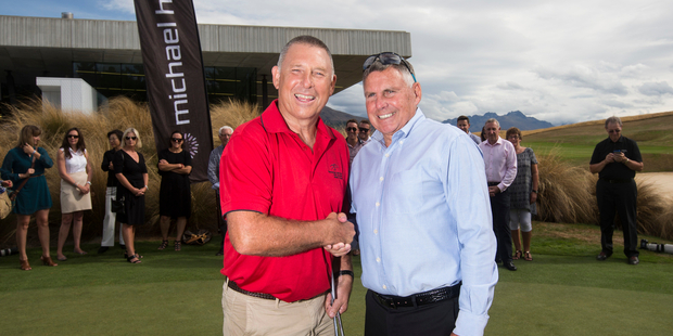 Grant Hardy from Queenstown is congratulated by John Hart after earning a spot at the NZ Open. Photo / Supplied