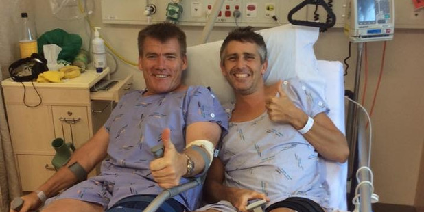 Tauranga TECT Trustpower Rescue Helicopter volunteer Steve Campbell and Blair Anderson in Tauranga Hospital together.