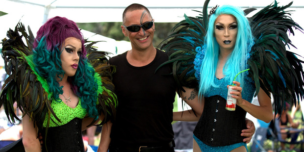 Rhea Rangend, Allan Heta Cleaver and Miss Pinkk enjoy the Big Gay Out. Photo / Dean Purcell