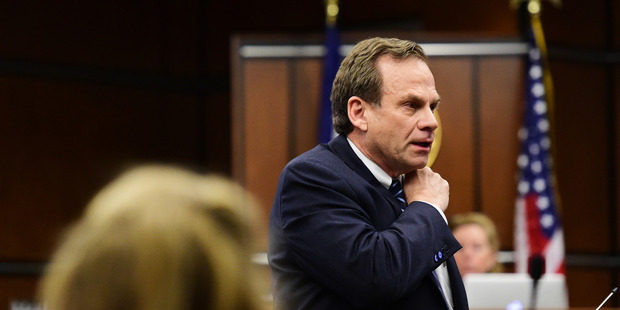 District Attorney Stan Garnett talks during opening statements. Photo / AP