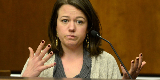 Michelle Wilkins reacts as she testifies in a Boulder District courtroom in Boulder, Colorado. Photo / AP