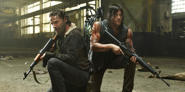 Andrew Lincoln as Rick Grimes and Norman Reedus as Daryl Dixon in a scene from The Walking Dead. Photo / AMC