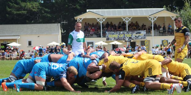 Blues halfback Billy Guyton puts the ball into the scrum. Referee was Chris Pollock. Photo / Christine McKay