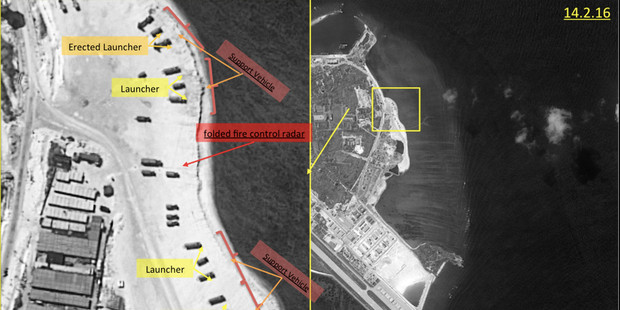 This image with notations provided by ImageSat International N.V., shows satellite images of Woody Island. Photo / AP