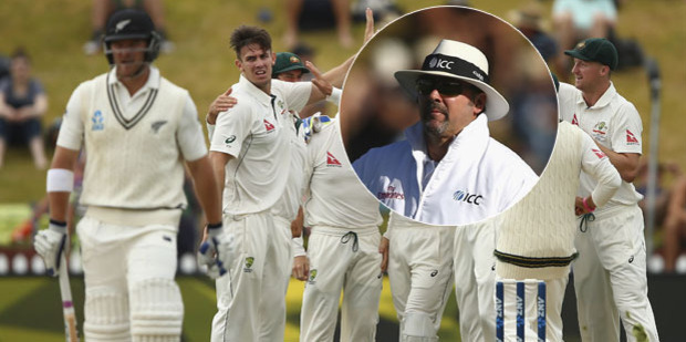 Bowler Mitch Marsh and the Australian fielders celebrate after he took Corey Anderson's wicket yesterday in Australia's emphatic victory. Inset: Umpire Richard Illingworth. Photo / Getty Images