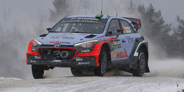 Hayden Paddon and John Kennard during the Rally Sweden. Photo / AP