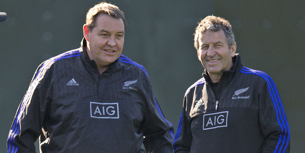 All Blacks head coach Steve Hansen with defence coach Wayne Smith. Photo / Brett Phibbs