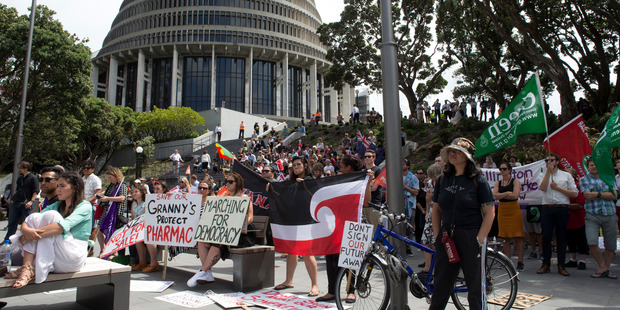 Protesters during their anti-TPP rally at the Wellington Cenotaph. Photo / Mark Mitchell