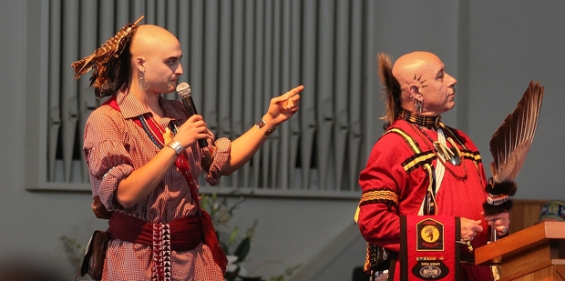 ON STAGE: Cherokees Luke Mason and Mashu White Feather answer questions about their culture.PHOTO/BEVAN CONLEY