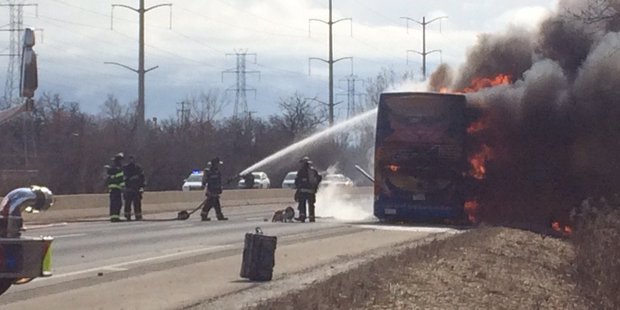 Shortly after pulling over, the Megabus exploded into flames. Photo / Lucas Peterson
