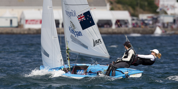 Jo Aleh / Polly Powrie in action during the 2014 ISAF Sailing World Championships. Photo / Getty Images