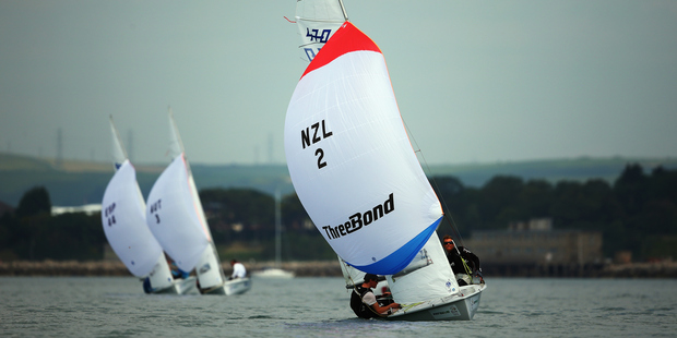 Paul Snow-Hansen and Daniel Willcox in action during the Men's 470 class. Photo / Getty Images