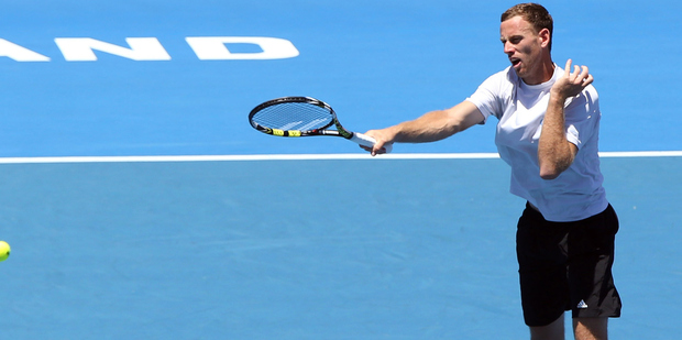 Michael Venus of New Zealand returns the shot during the Auckland Classic. Photo / Getty Images