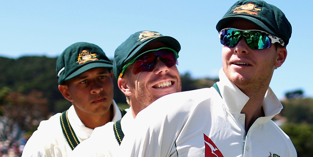 Australian trio Usman Khawaja, David Warner and captain Steve Smith prepare to take to the field against the Black Caps. Photo/Getty.