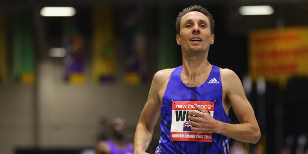Nick Willis of New Zealand celebrates winning the Men's Mile in Boston. Photo / Getty Images