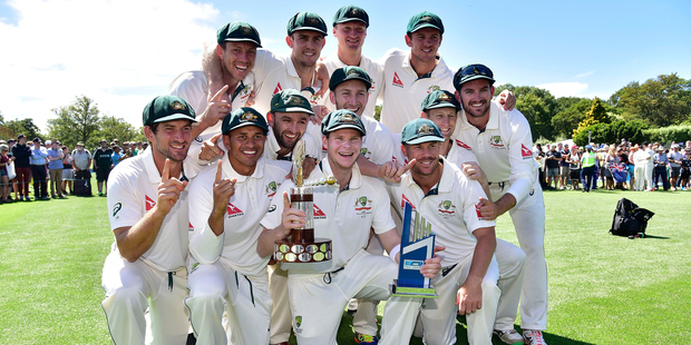 Australia celebrate the Trans-Tasman trophy after winning the second test. Photo / Getty