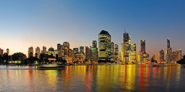 The Brisbane skyline at night.