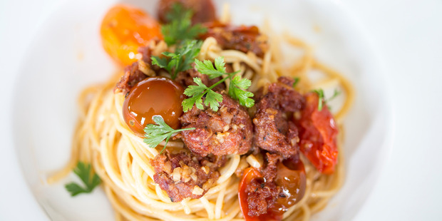 Chorizo and tomato pasta. Photo / Michael Craig.