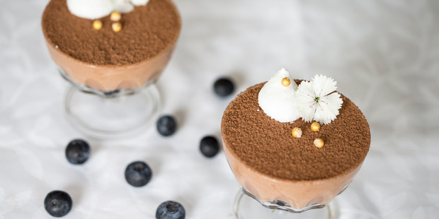 Valentine dinner. Chocolate mousse with blueberries. Photo / Michael Craig.