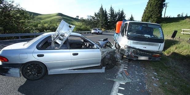 Scene of collison between a car and a light truck on the Lower Kaimai Range
Photo/John Borren/