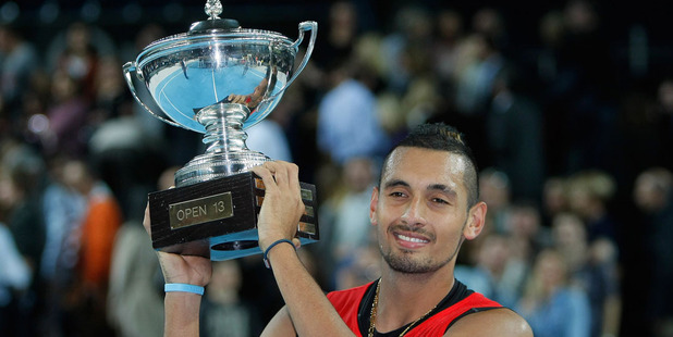 Nick Kyrgios holds his trophy after defeating Marin Cilic of Croatia at the Open 13 Provence final. Photo / AP