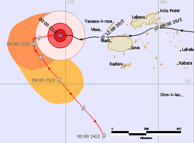 Tropical Cyclone Winston threat track to midnight 24 February 2016 shows the weather system moving westward until midnight 22 February before tracking south east and downgrading to a category 4 storm. Image / supplied