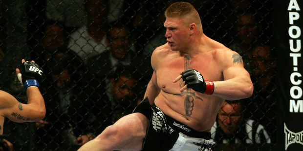 UFC heavyweight fighter Brock Lesnar throws a kick at UFC 100. Photo/Photosport