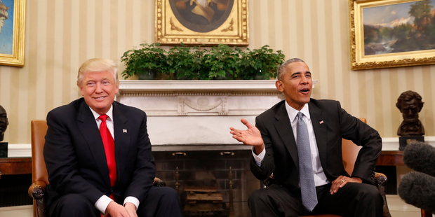 From one president to the next: Barack Obama meets Donald Trump in the Oval Office of the White House in November. Photo / AP