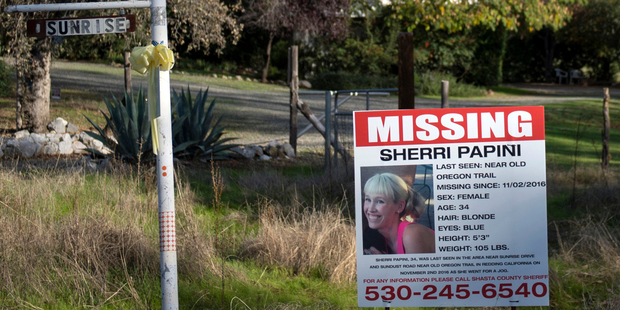 A "missing" sign for Sherri Papini, 34, is placed along side Sunrise Drive. Photo / AP