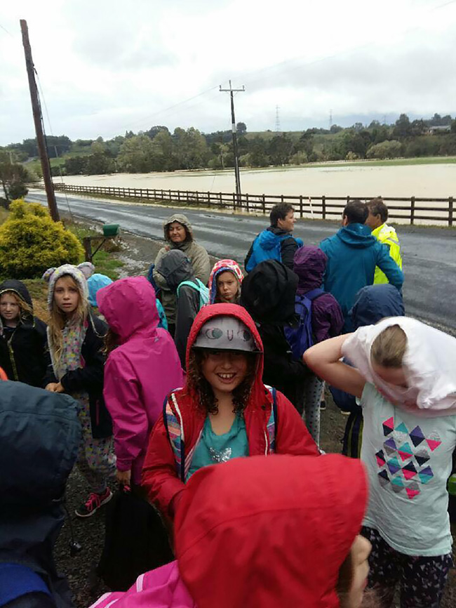 Pupils from Stanley Bay School were caught up in an evacuation of Camp Adair at the foot of the Hunua Ranges as torrential rain fell overnight. Photo / Supplied