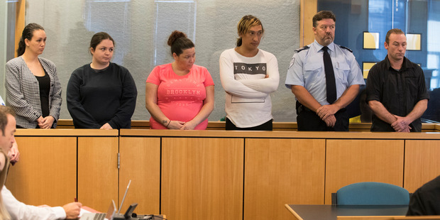 Michelle Blom, Nicola Jones, Julie-Ann Torrance, Cameron Hakeke, (court security), Wayne Blackett. Photo / Brett Phibbs