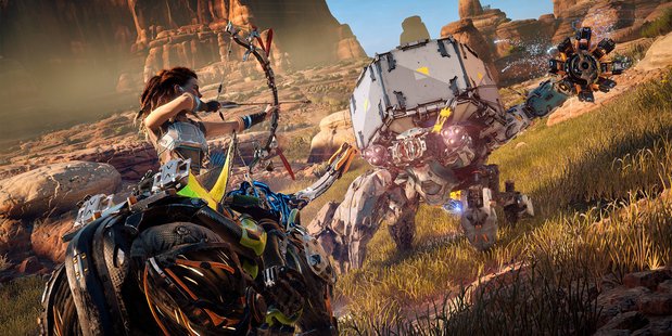 Aloy takes on a foe in Horizon Zero Dawn.