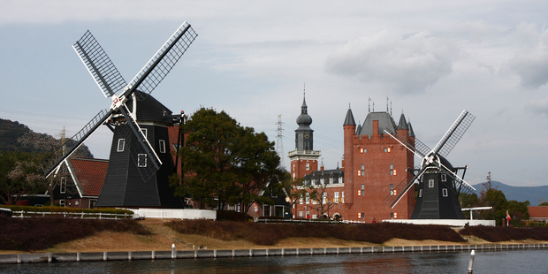 Windmill replicas at the Dutch-themed park Huis Ten Bosch. Photo / Getty Images