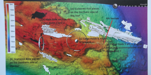 The remains of the wreck of the Rena shown in white on the section of Astrolabe Reef where it ran aground on October 5, 2011. Image/supplied