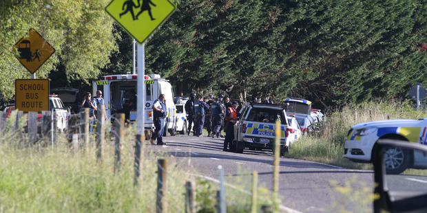 Armed police and ambulance services near Kawerau where four police officers were shot. PHOTO / STEPHEN PARKER